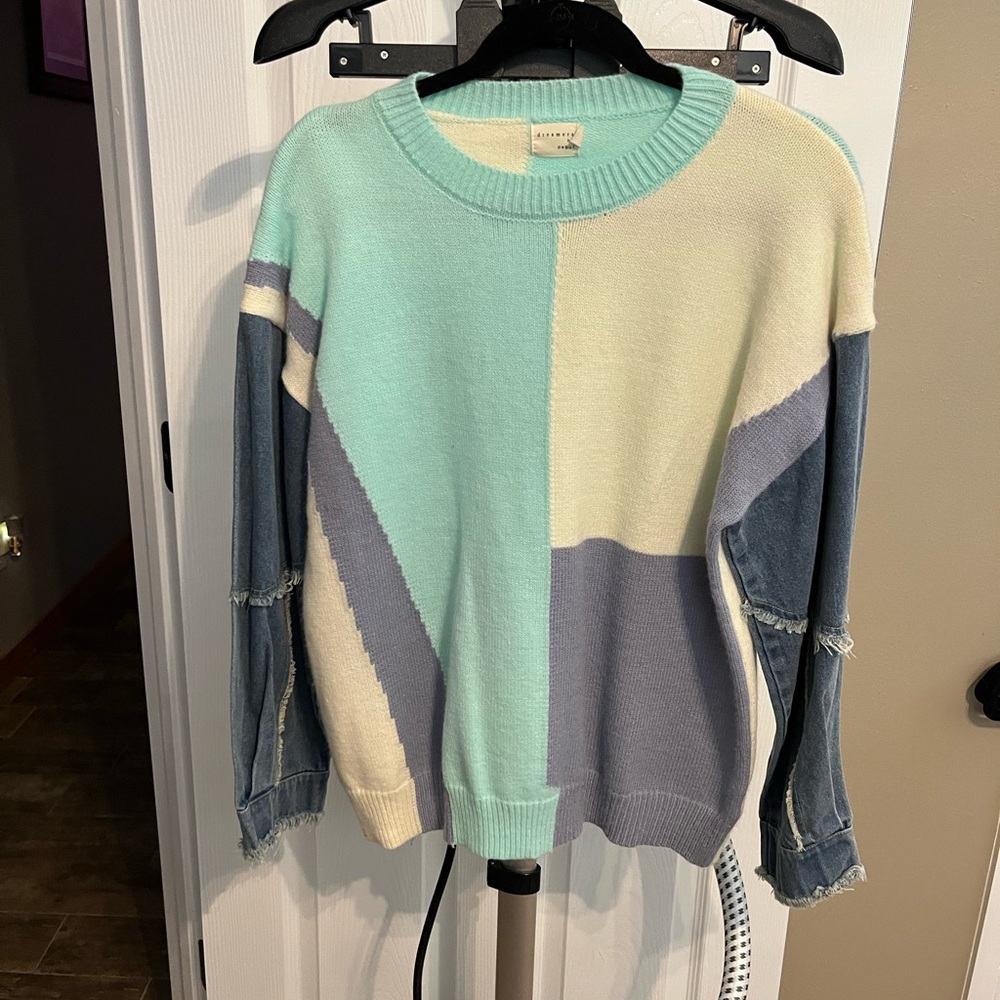 Mint and Blue Colorblock Sweater with Denim Sleeves